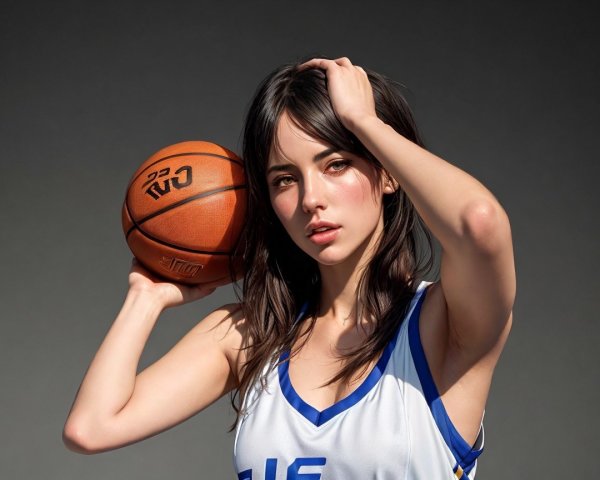 Young woman in athletic jersey holding basketball