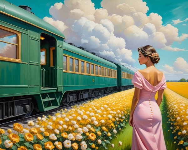 Woman in Pink Dress in Flower Field with Train