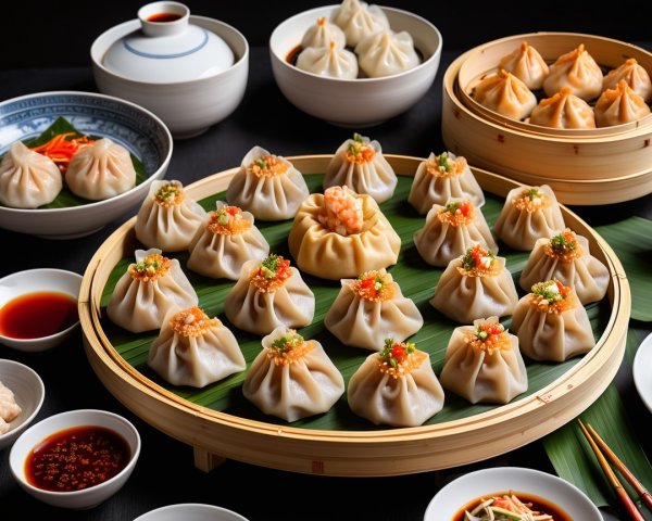 Display of Dumplings in Bamboo Steamer and Bowls