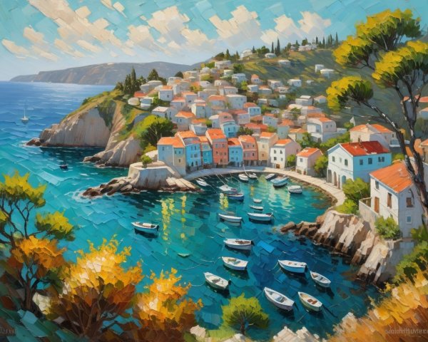 Vibrant Coastal Village with Colorful Houses and Bay