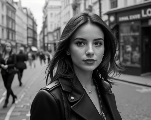 Young Woman in Leather Jacket in Urban Black-and-White Photo