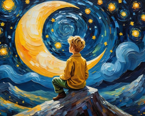 Young boy on rocky peak under starry night sky