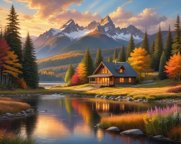 Cabin by Tranquil Lake Surrounded by Autumn Foliage