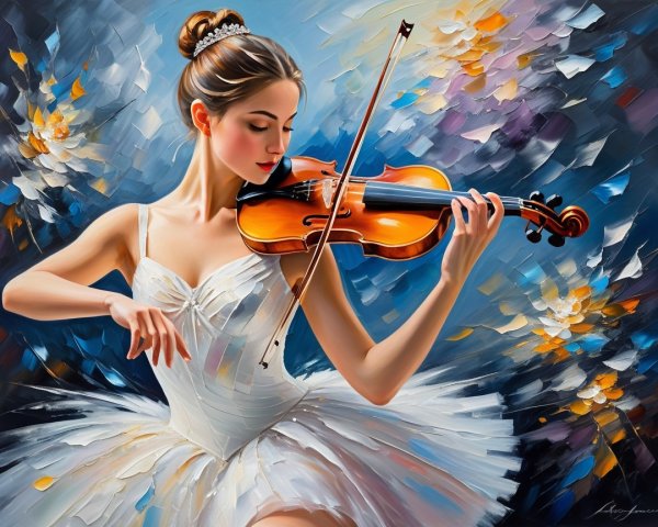 Ballerina in Tutu Playing Violin with Colorful Background