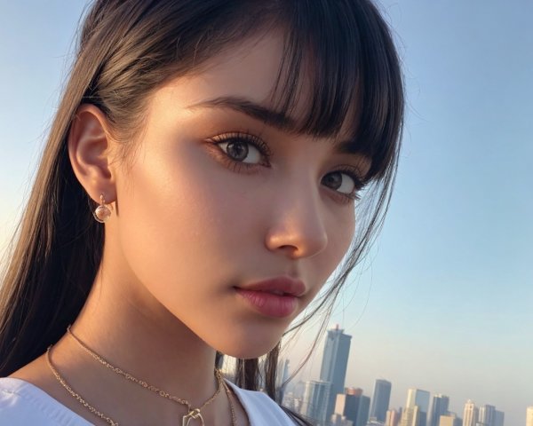 Young woman with black hair and city skyline background