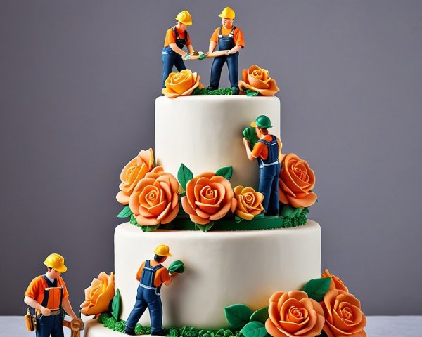 Three-Tier Cake with Orange Roses and Figurines