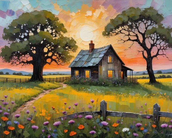 Charming Countryside Scene with Sunset and Wildflowers