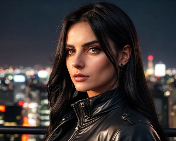 Woman in Black Leather Jacket Against City Lights