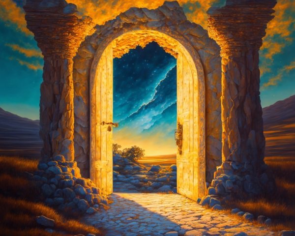 Grand Ornate Doorway to Cosmic Landscape and Ruins