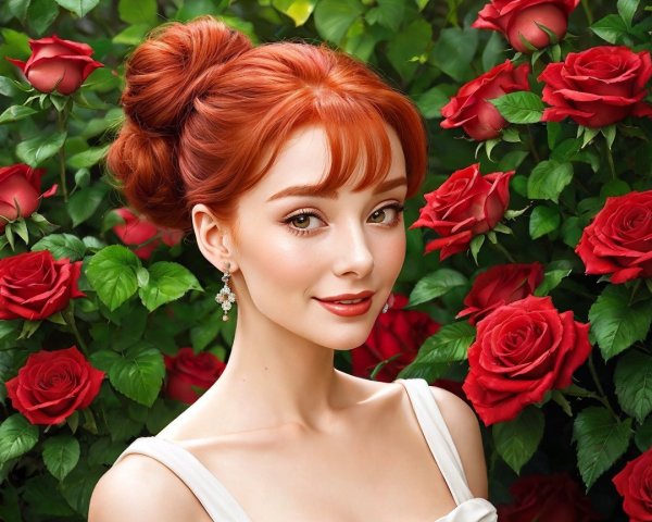 Young Woman with Red Hair Surrounded by Roses