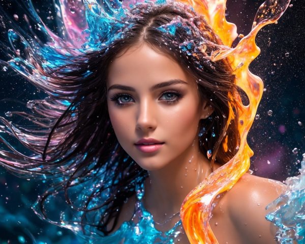 Young woman amidst water splashes and orange flames