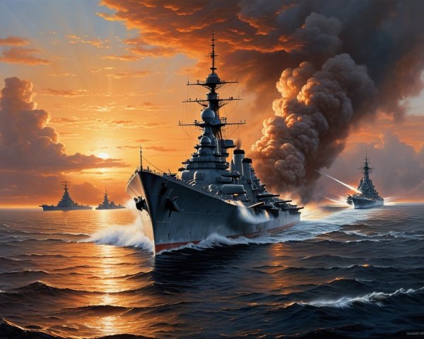 Dramatic Naval Scene with Battleships at Sunset