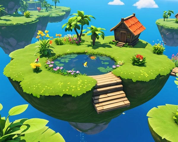 Whimsical Floating Island with Quaint House and Pond