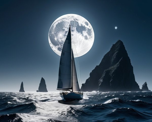 Sailboat on Blue Waters Under Full Moonlight