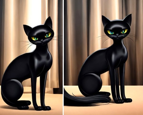 Stylized Black Cat with Green Eyes in Elegant Poses