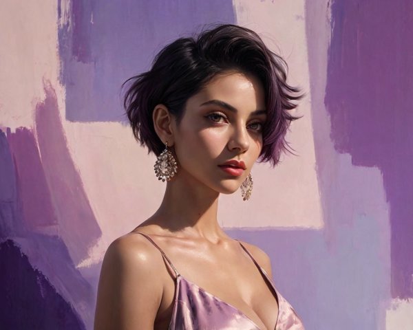 Stylish Woman in Elegant Dress Against Purple Background