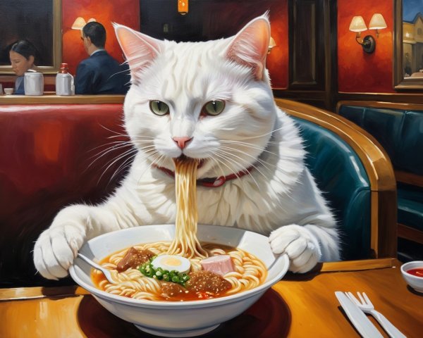 Lifelike Oil Painting of Cat Eating Ramen in Restaurant