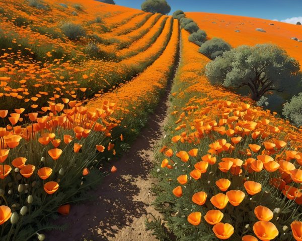 Vibrant Orange Poppy Fields with Scenic Pathway