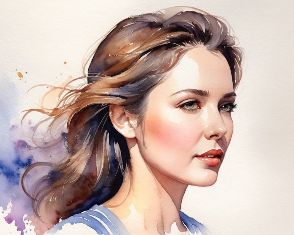 Watercolor Portrait of a Serene Woman with Wavy Hair