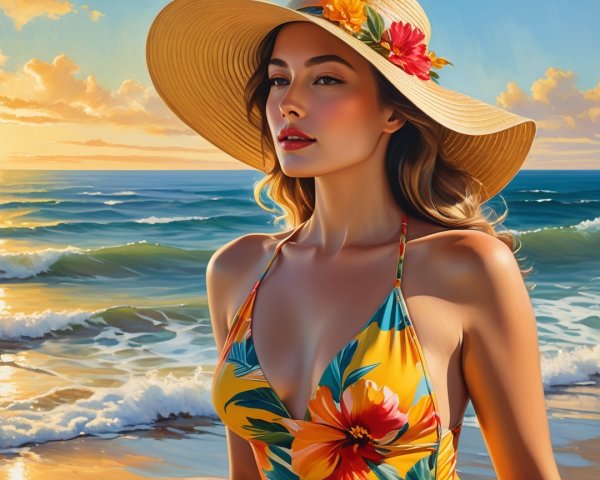 Young Woman by Ocean at Sunset in Floral Swimsuit