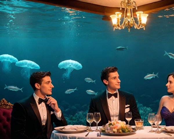 Underwater Dining Scene with Elegant Decor and Wildlife