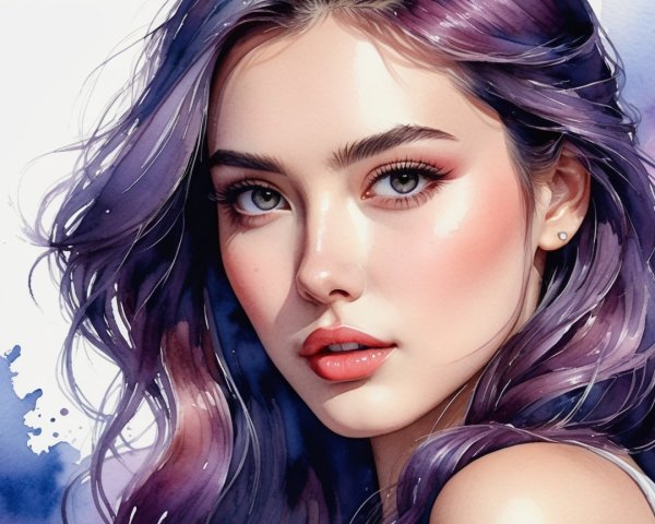 Portrait of a Young Woman with Purple Hair and Blue Eyes