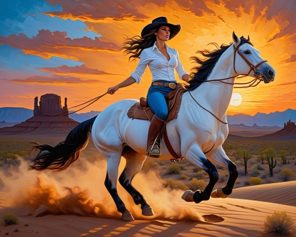 Woman on white horse in desert at sunset