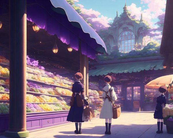 Children in a Colorful Market Surrounded by Nature
