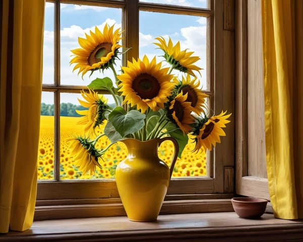 Sunflowers in a Yellow Vase on a Wooden Windowsill