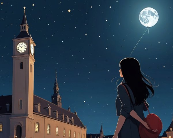 Young Woman with Balloon Under Starry Night Sky