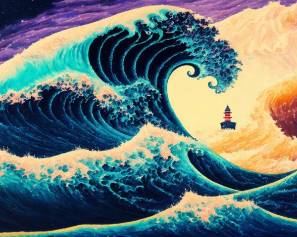 Vibrant Seascape with Waves and Lighthouse at Sunset