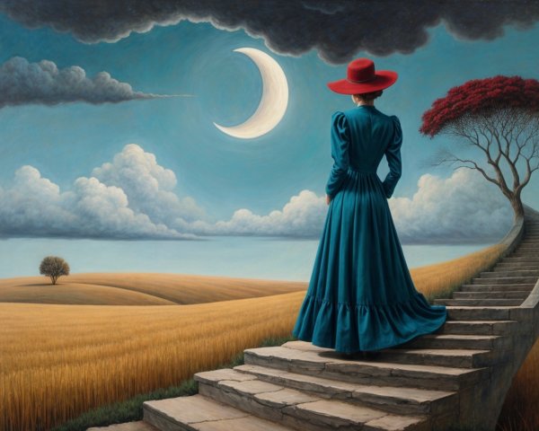 Woman in Teal Dress on Staircase Under Crescent Moon