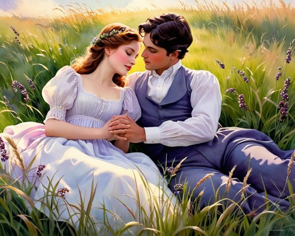 Young couple in meadow with lavender flowers