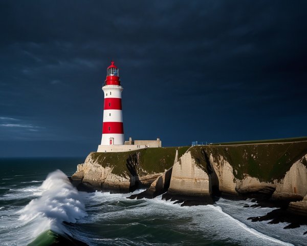 Lighthouse on Cliff Amidst Stormy Sea and Clouds
