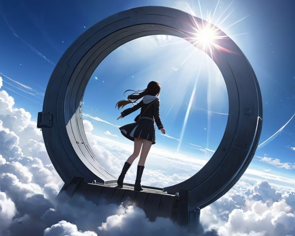 Girl in School Uniform by Futuristic Circular Portal