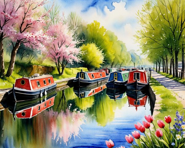 Tranquil Canal Scene with Colorful Narrowboats