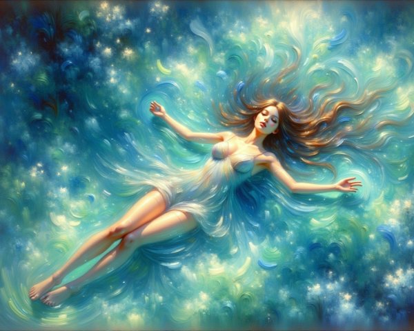 Serene figure in a dreamy blue and green sea
