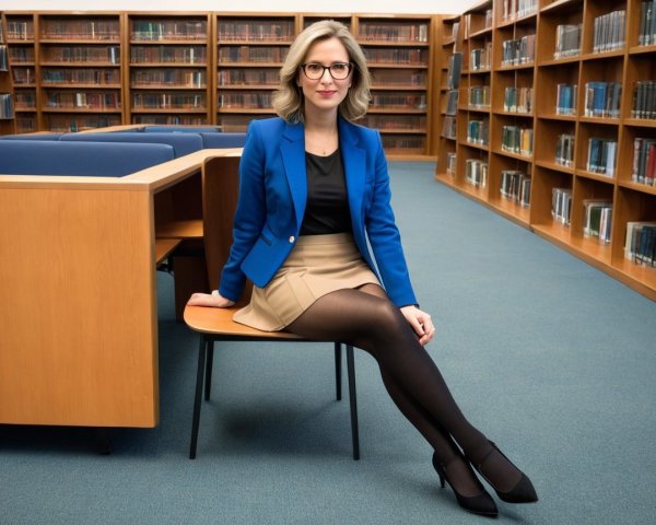 Woman in Formal Attire Sitting in Library Setting