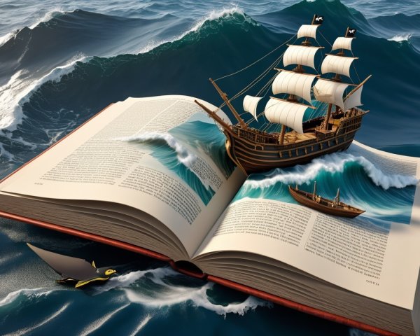 Open Book with Waves and Sailing Ship Illustration