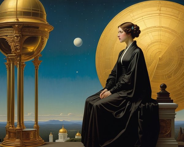 Serene Figure in Black Gown Against Cosmic Backdrop