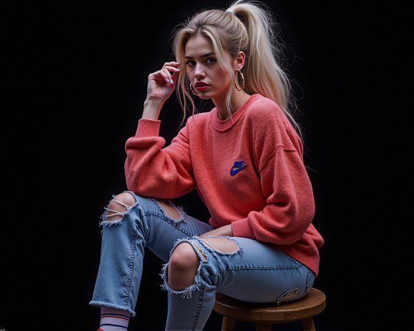 Young woman in coral sweatshirt and light jeans against black