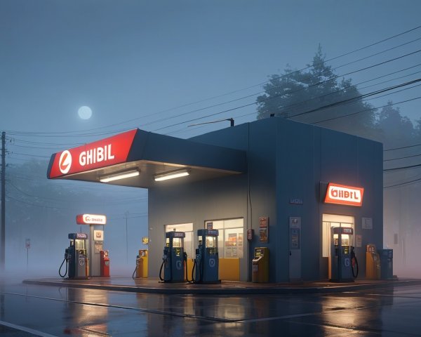 Foggy Gas Station Scene with Bright Signage and Moonlight