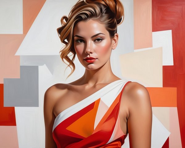 Woman in Colorful Dress Against Geometric Background