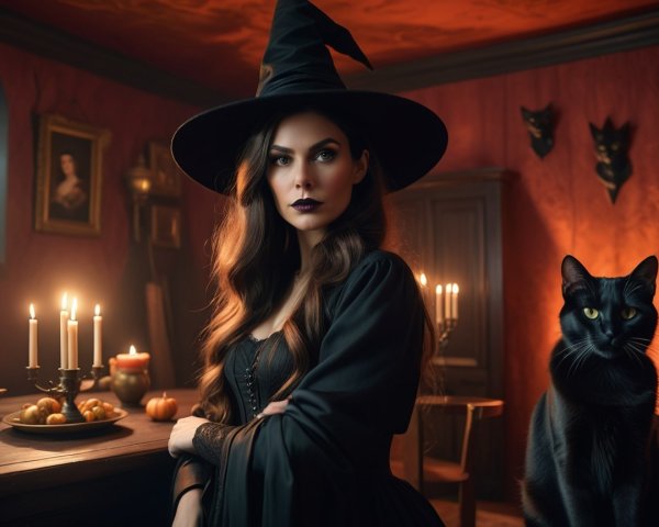 Halloween Scene with Witch, Cat, and Candlelight