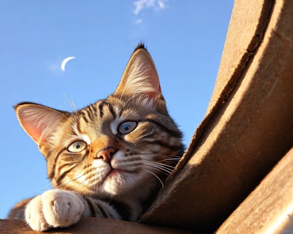 Close-up of a playful tabby cat with blue eyes
