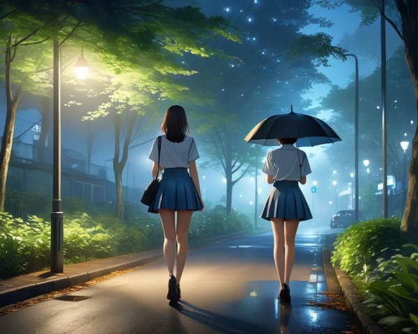 Girls in matching outfits walk on a serene night street