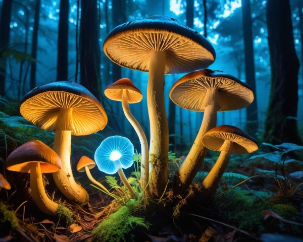 Mushroom Patch in Dark Forest with Glowing Effects