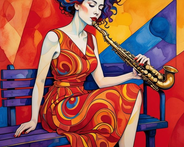 Abstract Artwork of Woman Playing Saxophone on Bench
