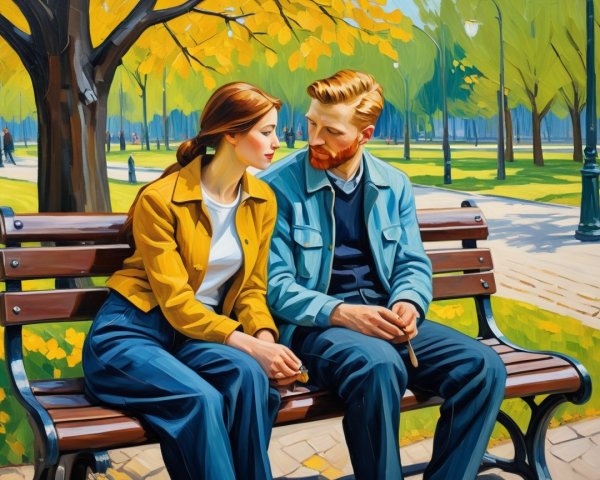 Couple on Park Bench Surrounded by Autumn Trees