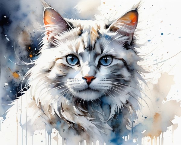 Watercolor Painting of a Majestic Cat with Blue Eyes